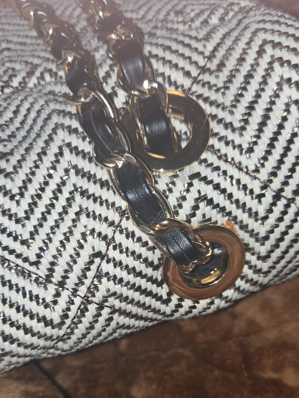 Aldo | Chain Strap Studded Herringbone Bag - Black & White W/ Gold Accents - Picture 10 of 11